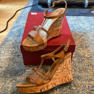 Salvatore Ferragamo "Savita" Nocciola Calf Leather High-Heel Wedge Sandal